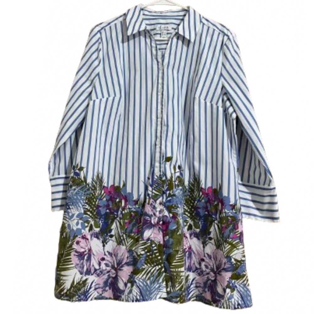 d&co. Women’s Blue & White Stripe with Multi Floral Print Tunic Top Sz-L